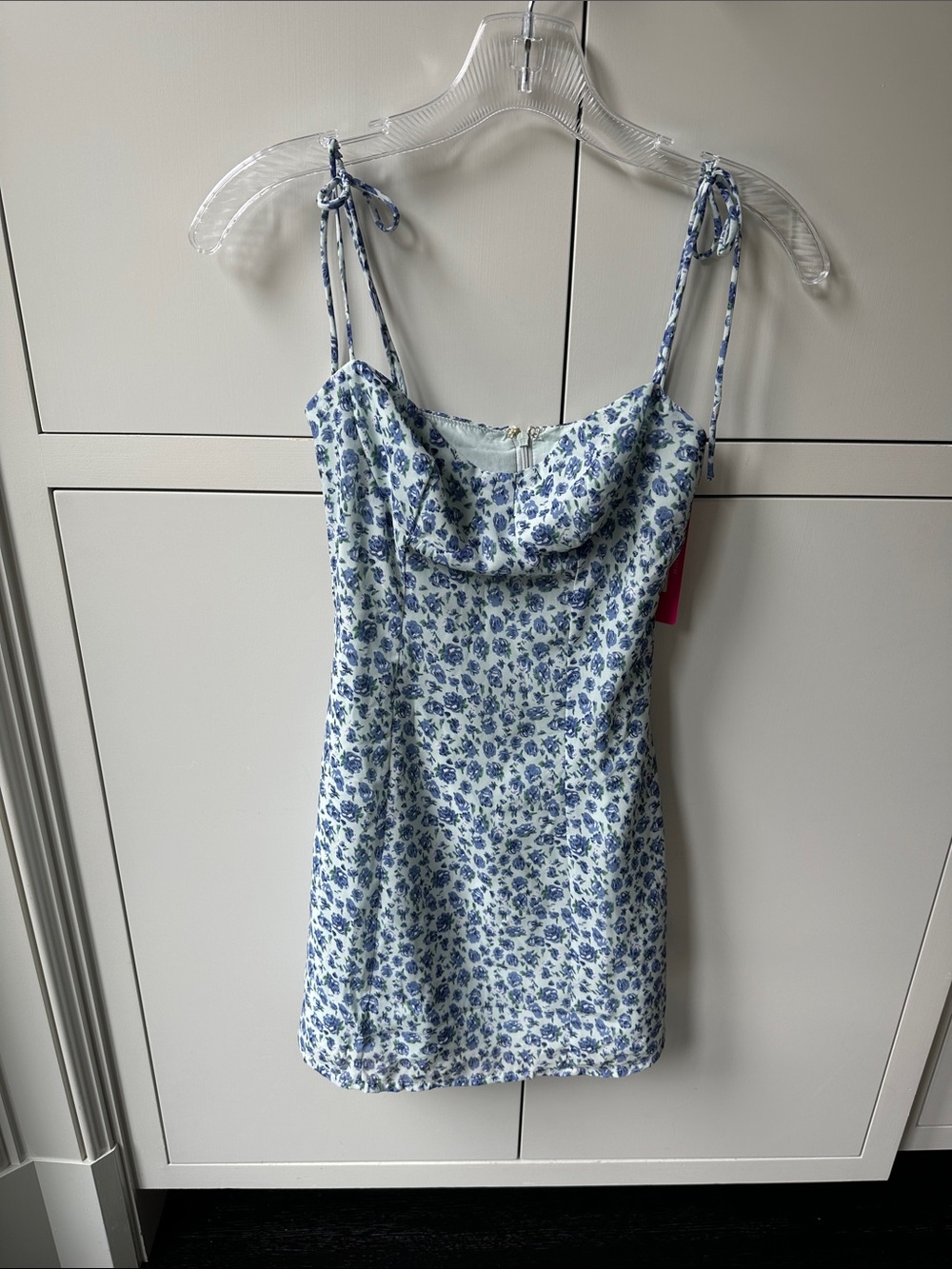 Beginning Boutique Light Blue Floral Cowl Tie-Shoulder Mini Dress
